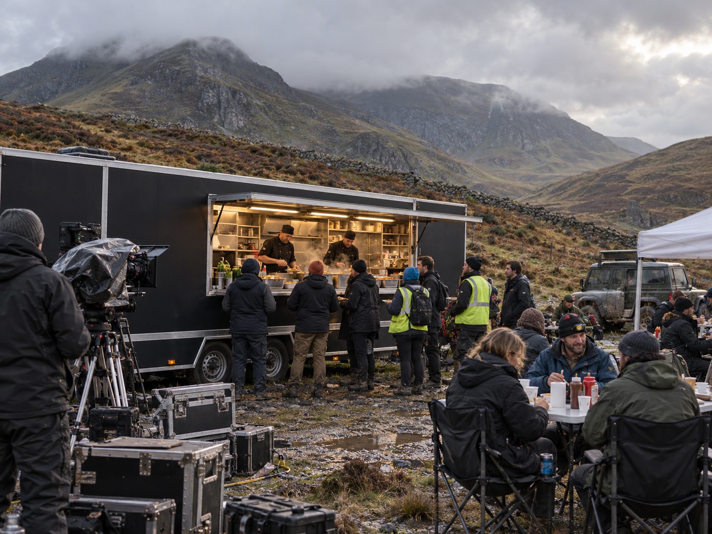 Crew queuing at the catering hatch and eating at folding tables below misty mountains