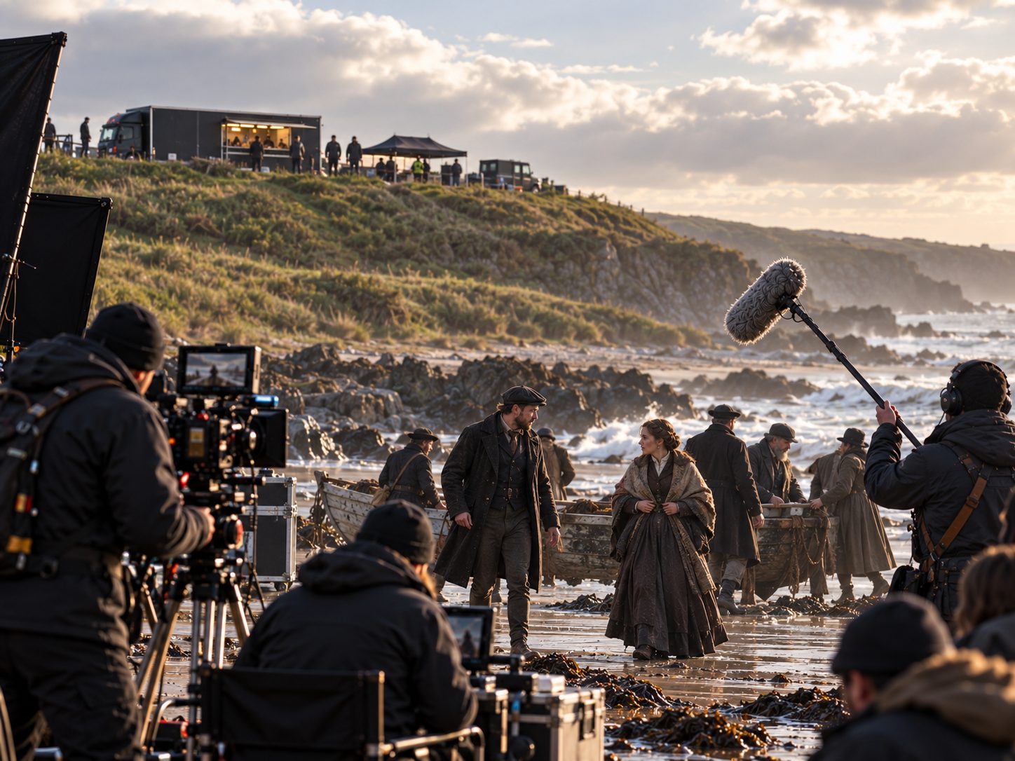 A film crew shooting a Victorian period drama on a rocky beach, with the catering unit on the clifftop above