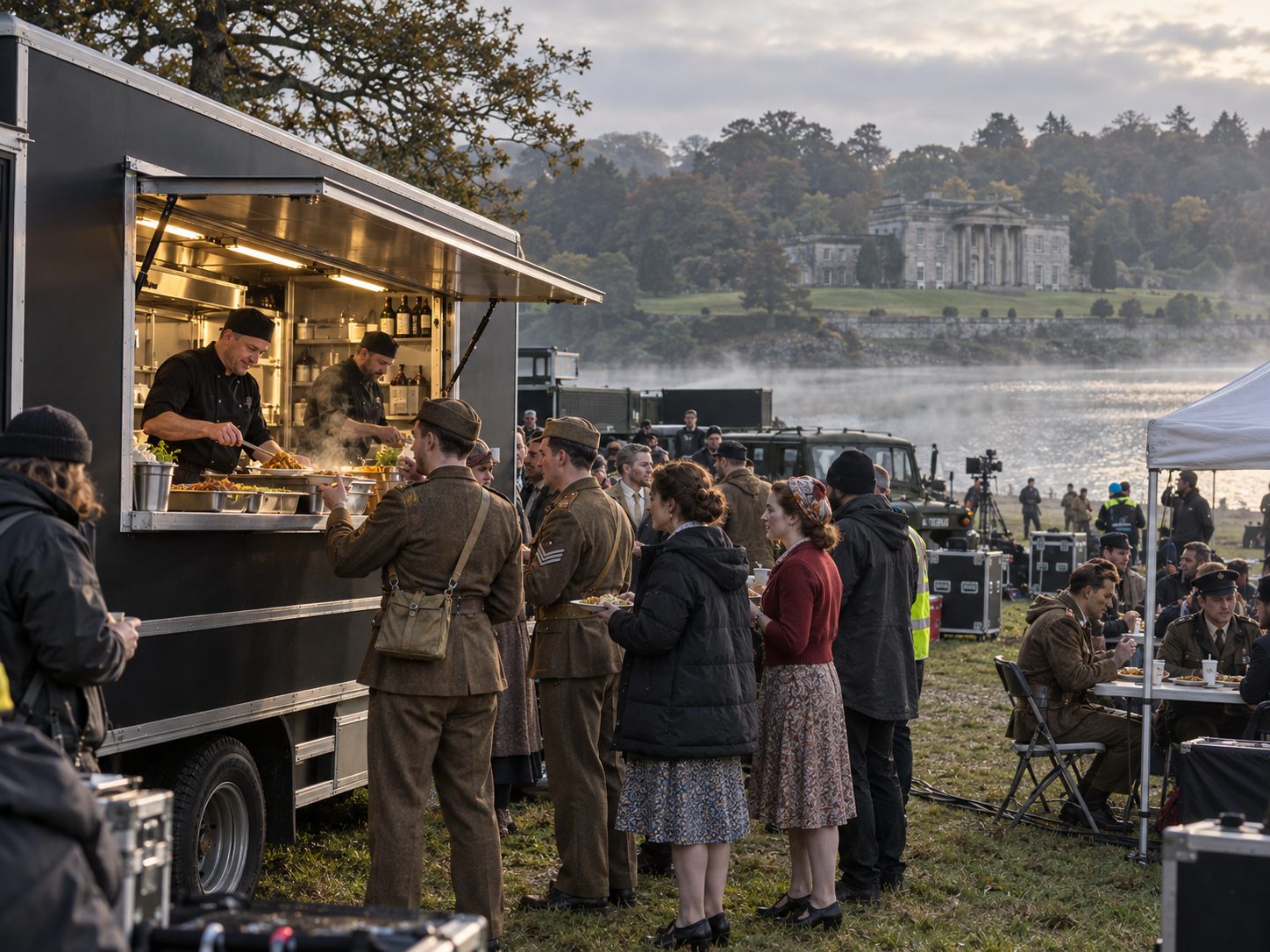 Cast in 1940s costume and crew queuing at the catering hatch beside a misty lough, with a grand country house behind
